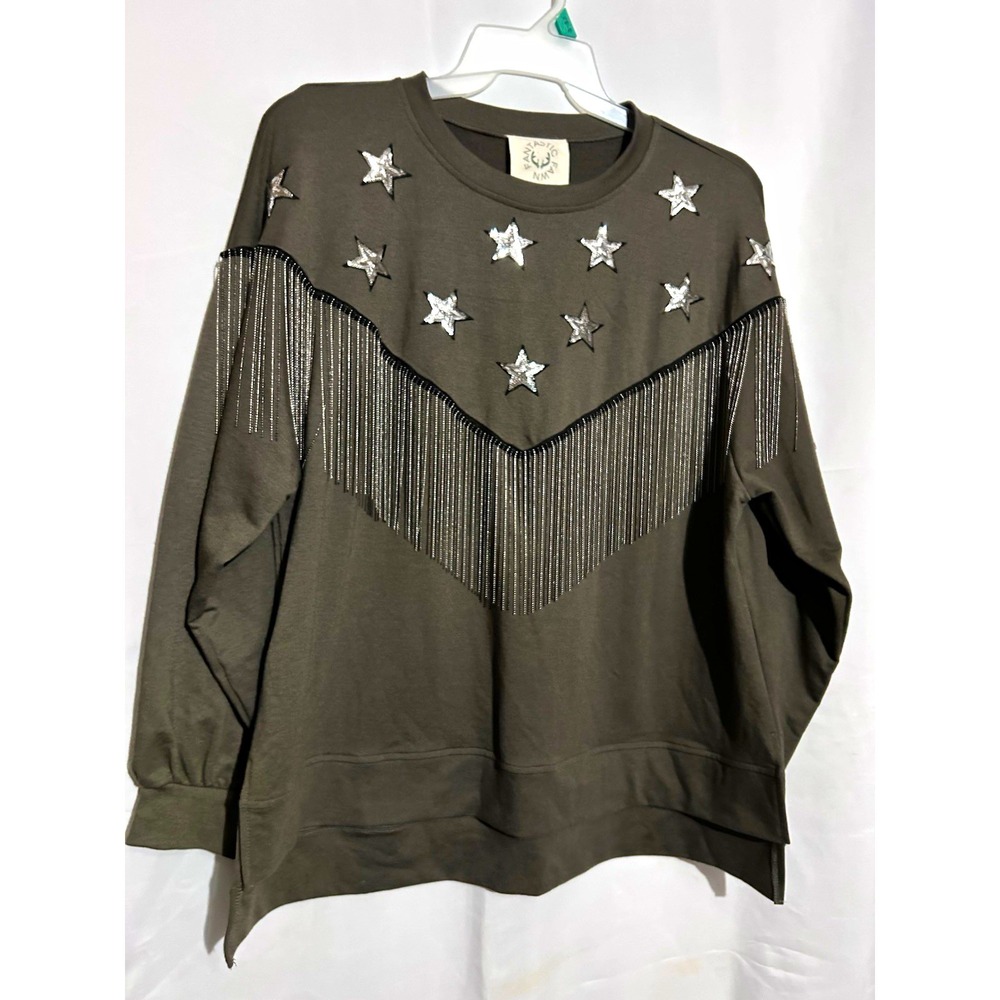 Fantastic Fawn Women's Olive Sequin Star Fringe Sweatshirt Size M